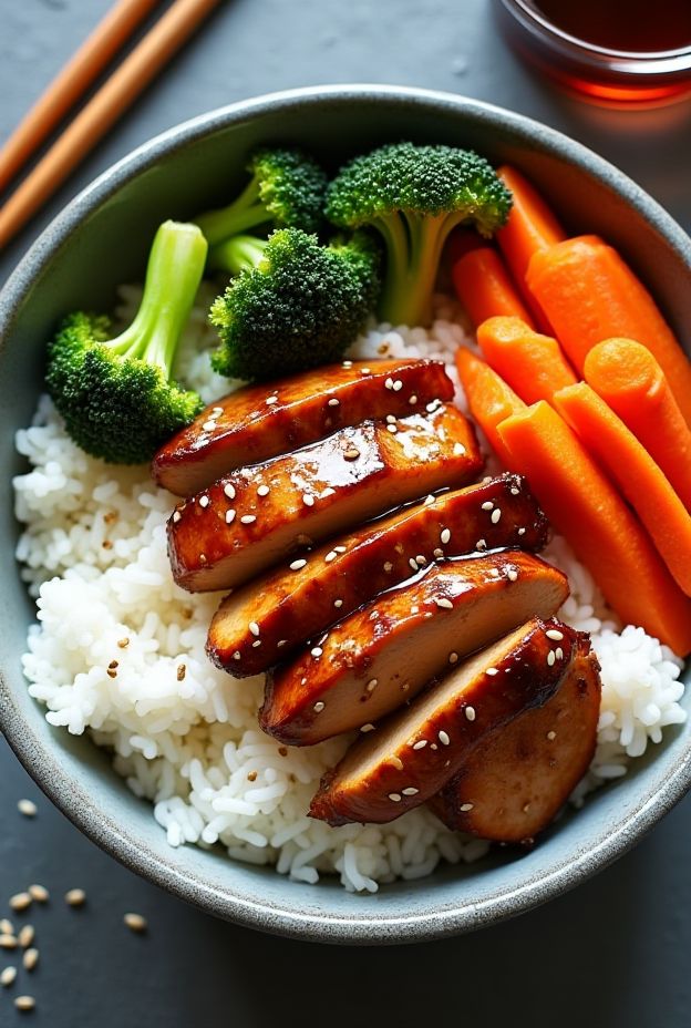 Teriyaki Chicken Rice Bowl with steamed broccoli and carrots served over fluffy jasmine rice.