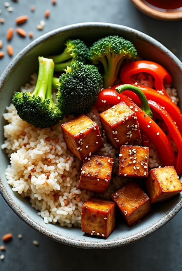 Teriyaki Tofu Protein Bowl with brown rice, marinated tofu, broccoli, and bell peppers, offering a nutritious and flavorful meal.