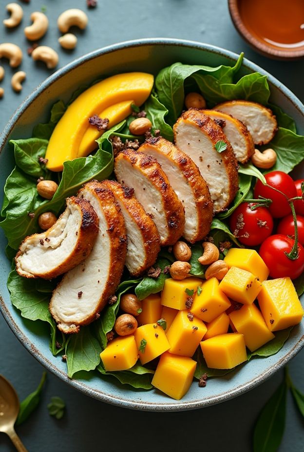 Thai Mango Chicken Salad Bowl with grilled chicken, fresh mango, and cashews served with sweet chili dressing.