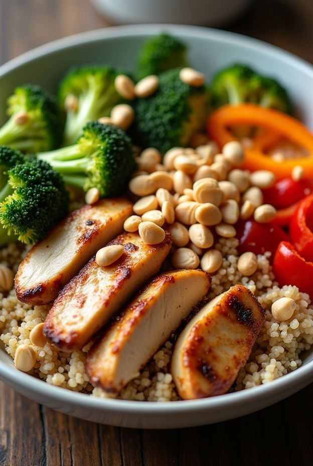A colorful Thai Peanut Chicken Quinoa Bowl with grilled chicken, vibrant veggies, and creamy peanut sauce for a nutritious meal.