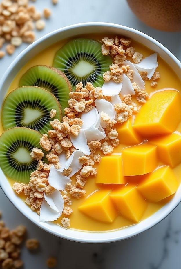 Tropical Mango Coconut Smoothie Bowl with kiwi, granola, and fresh mango pieces served in a white bowl.