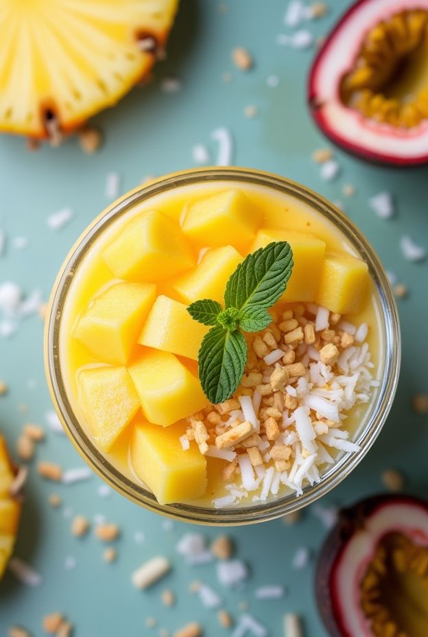 Tropical Pineapple Mango Smoothie Bowl with Shredded Coconut and Fresh Fruit.