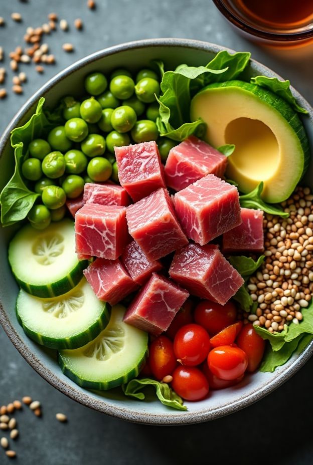 Tuna Poke Salad Bowl with fresh tuna, greens, avocado, and a sesame-soy dressing for a healthy meal.