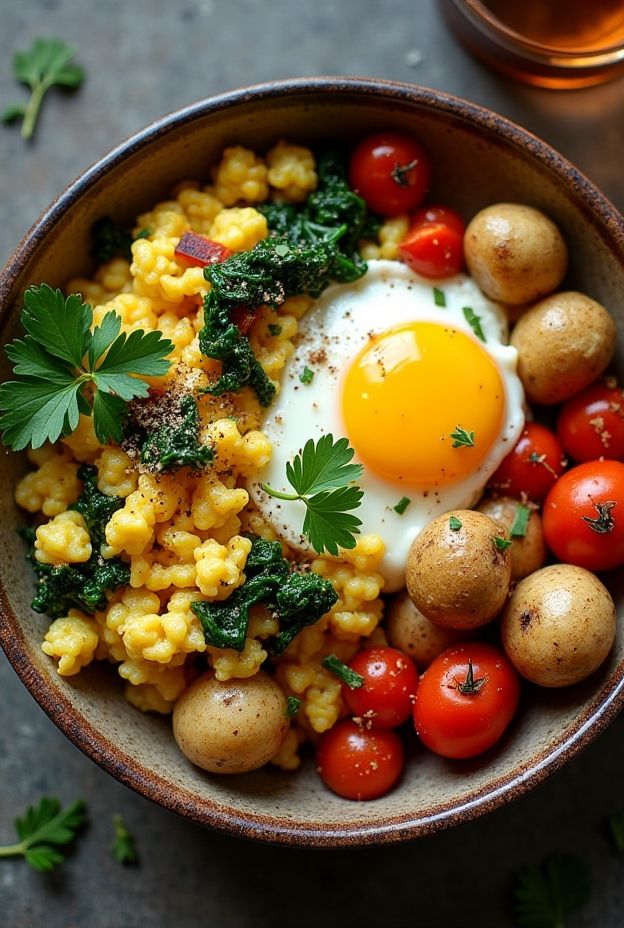 Scrambled eggs and sautéed vegetables served over potatoes in a wholesome breakfast bowl.