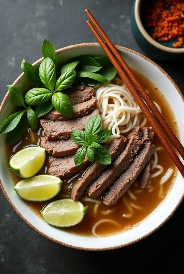 Bowl of Vietnamese Pho with beef, rice noodles, herbs, and lime garnished.