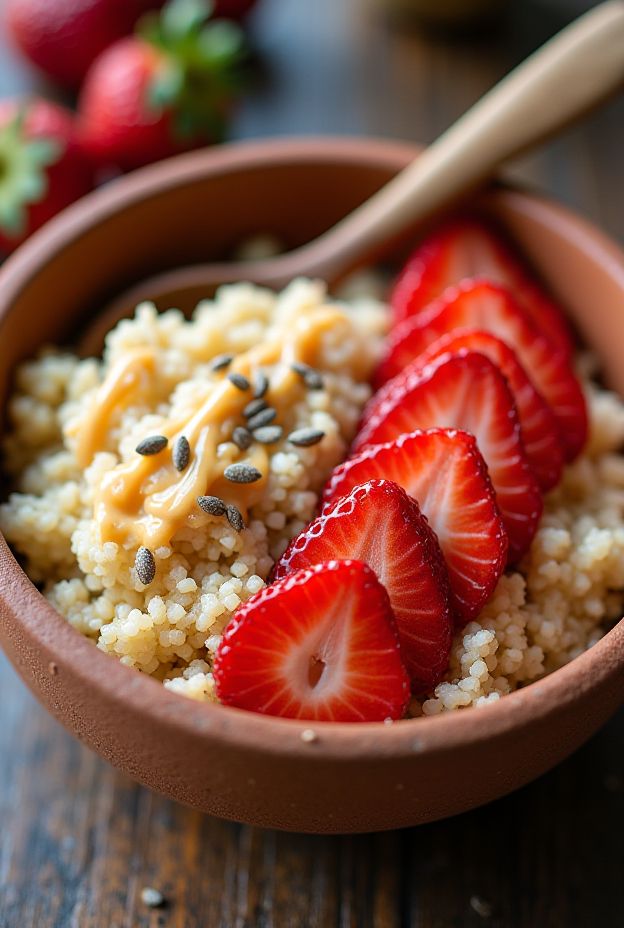 Healthy Almond Butter Quinoa Bowl with strawberries and hemp seeds for a nutritious breakfast.