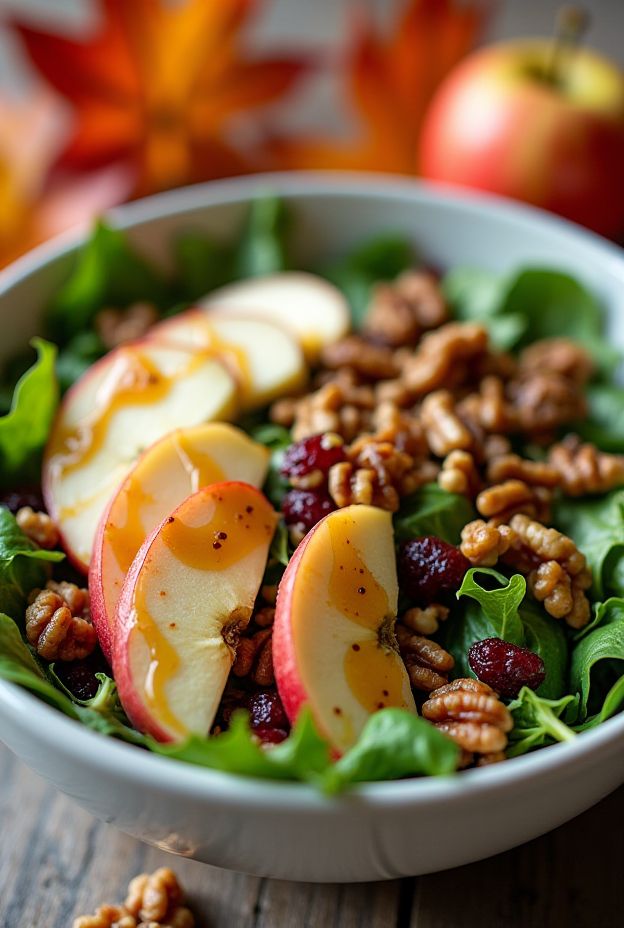 Apple Walnut Harvest Salad Bowl with greens, apples, walnuts, and cranberries topped with maple vinaigrette.