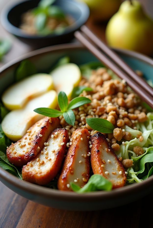 A vibrant Asian Pear Chicken Salad Bowl featuring grilled chicken, sliced pear, napa cabbage, sesame seeds, and ginger soy dressing.