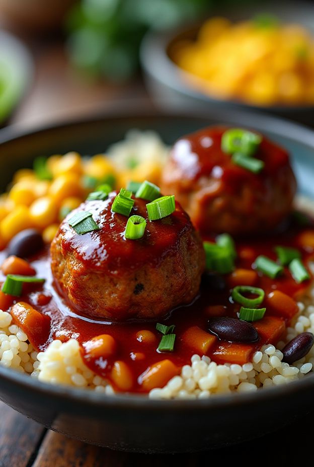 Delicious BBQ Turkey Meatball Protein Bowl with roasted corn, black beans, and a savory BBQ glaze.