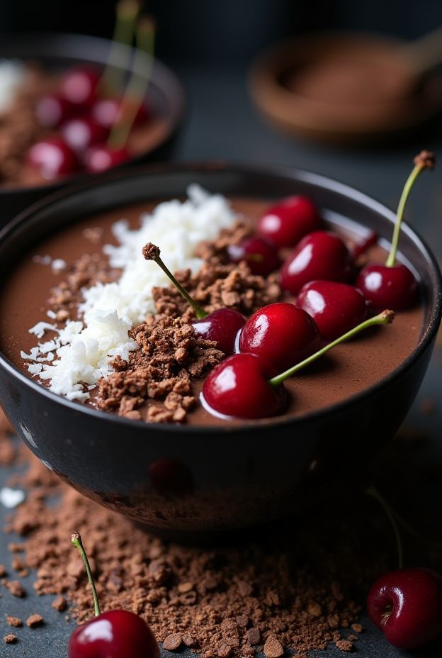 Chocolate smoothie bowl topped with cherries, coconut flakes, and granola, perfect for a healthy breakfast.