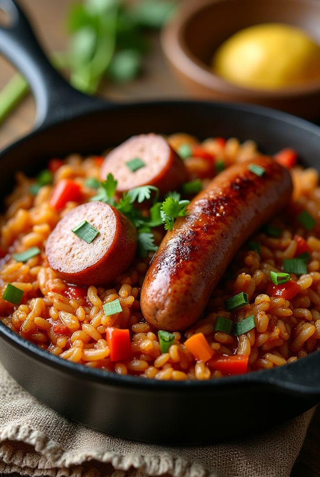 Cajun Sausage Dirty Rice Bowl with andouille sausage, peppers, and scallions in a cast-iron skillet.