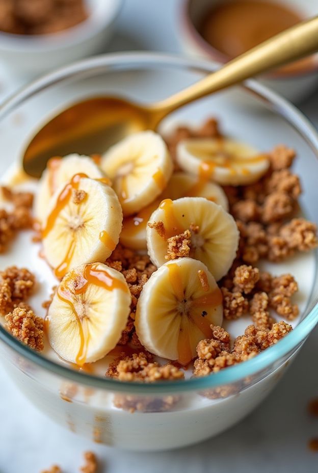 A nutritious Caramelized Banana Yogurt Bowl with Greek yogurt, caramelized bananas, granola, and almond butter, perfect for any meal.