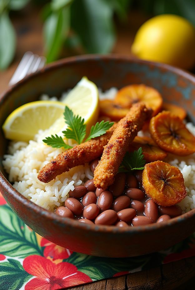 Caribbean Coconut Rice & Beans Bowl with fried plantains and jerk chicken strips, garnished with lemon and cilantro.