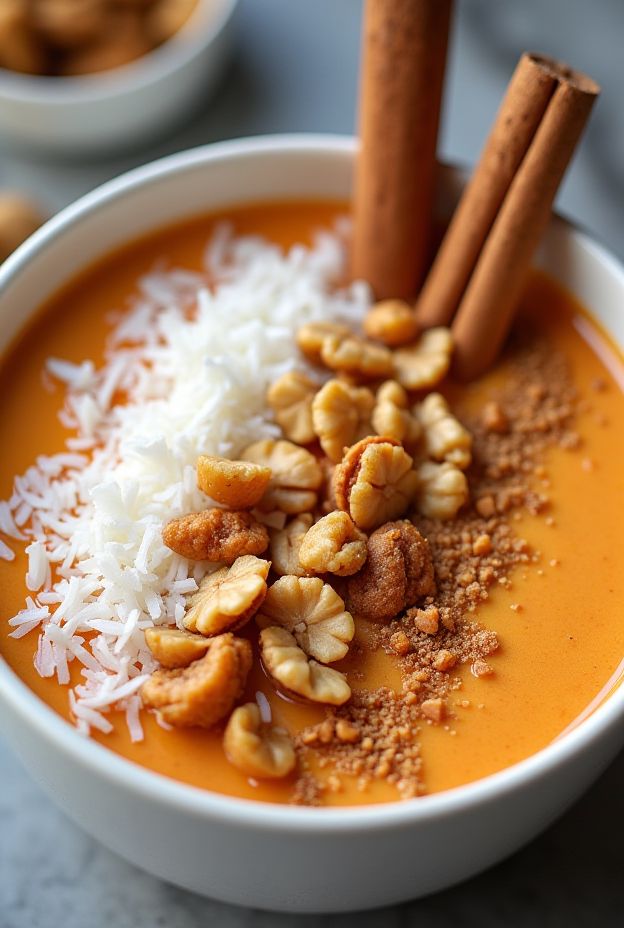 Carrot Cake Smoothie Bowl with Bananas, Walnuts, and Coconut, perfect for a healthy breakfast option.