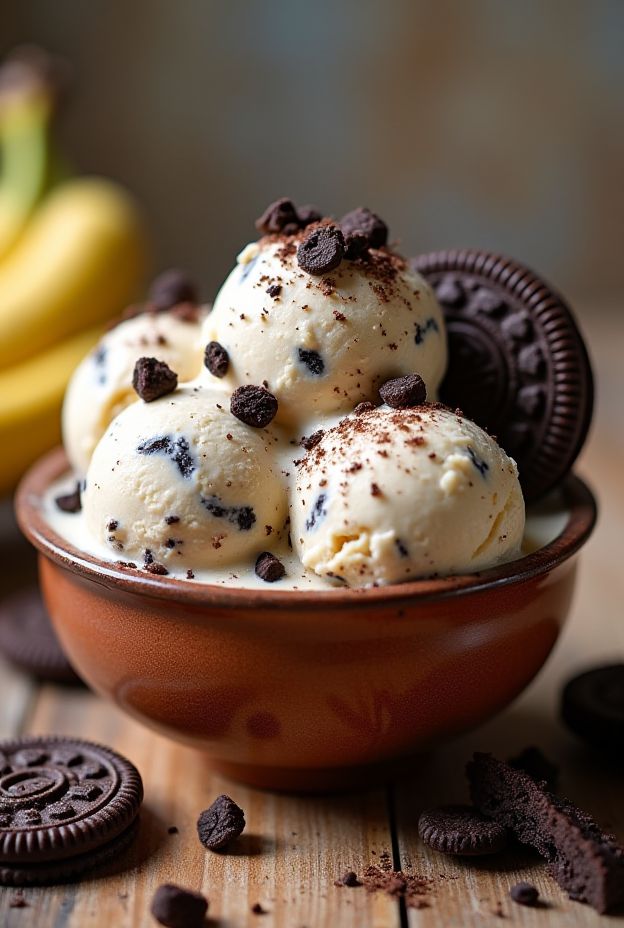 A healthy Cookies & Cream Nice Cream Bowl topped with chocolate sandwich cookies over blended banana nice cream.