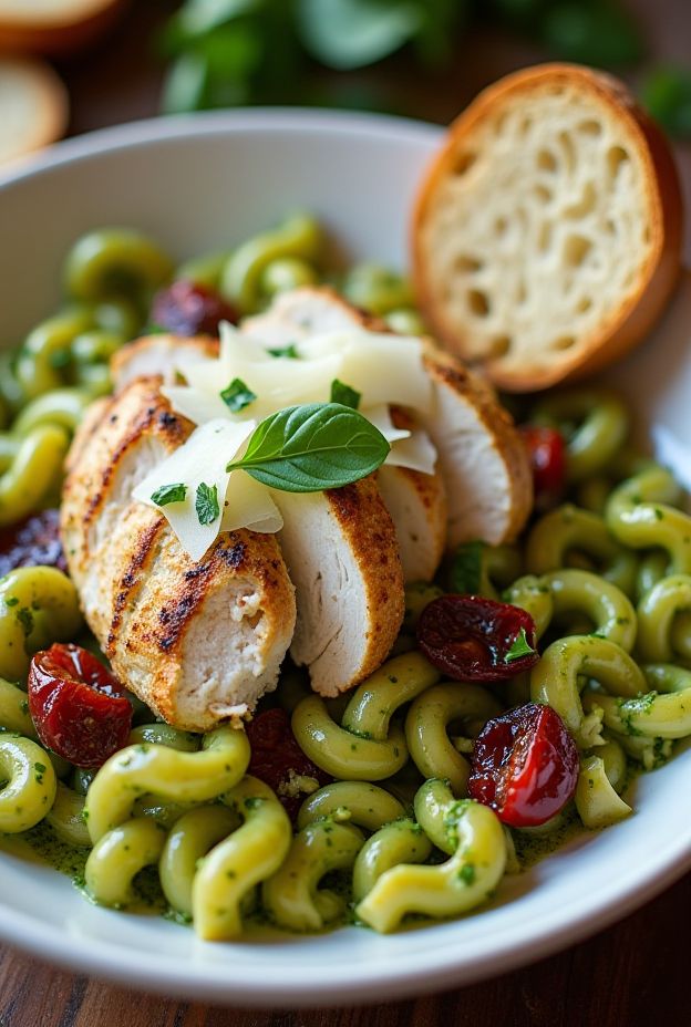 Creamy Pesto Chicken Pasta Bowl featuring fusilli pasta, grilled chicken, and sun-dried tomatoes.