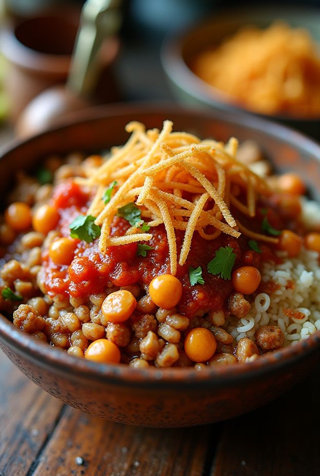 A colorful Egyptian Koshari Bowl layered with lentils, rice, pasta, spiced tomato sauce, chickpeas, and crispy onions.