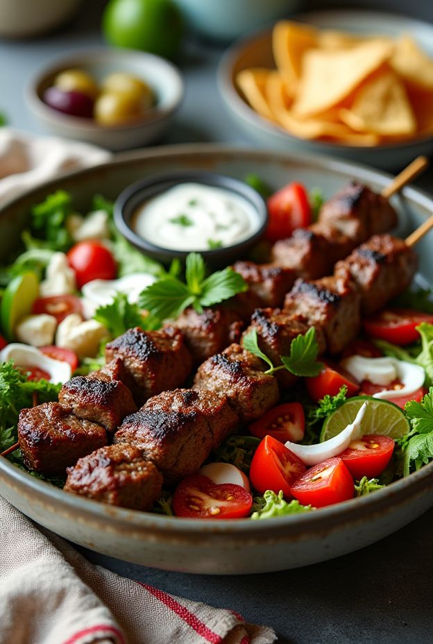 Greek Beef Souvlaki Protein Bowl with grilled beef skewers, fresh salad, olives, and tzatziki sauce.