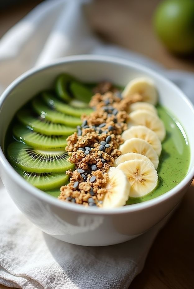 A vibrant green smoothie bowl topped with banana, kiwi, chia seeds, and granola, perfect for a healthy breakfast.