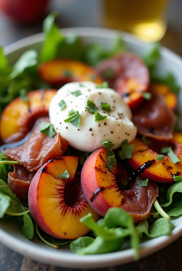 A colorful Grilled Peach and Arugula Salad Bowl with prosciutto, burrata, and balsamic glaze, perfect for summer meals.