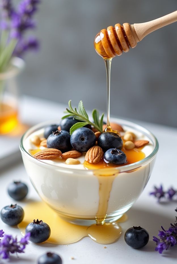 A delicious Honey Lavender Yogurt Bowl topped with blueberries and almonds, showcasing a drizzle of lavender honey.