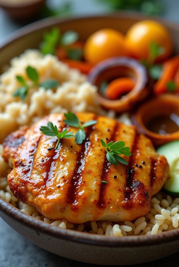 Honey mustard chicken protein bowl with grilled chicken, brown rice, and colorful roasted vegetables.