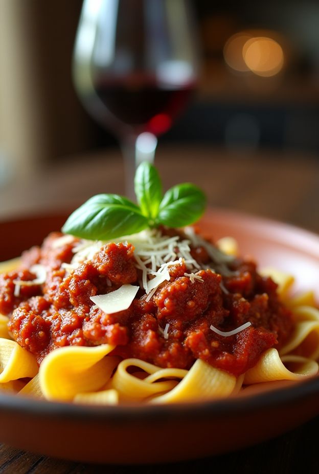 Delicious bowl of Italian Bolognese pasta with tagliatelle, slow-cooked beef ragù, rich tomato sauce, and Parmesan.
