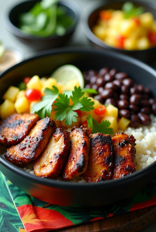 Jamaican Jerk Chicken Rice Bowl with coconut rice, black beans, pineapple salsa, and lime crema.