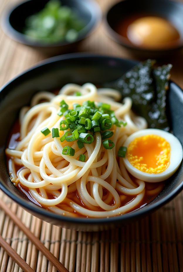 Chilled somen noodles served with a soft-boiled egg, nori, scallions in a traditional Japanese style.