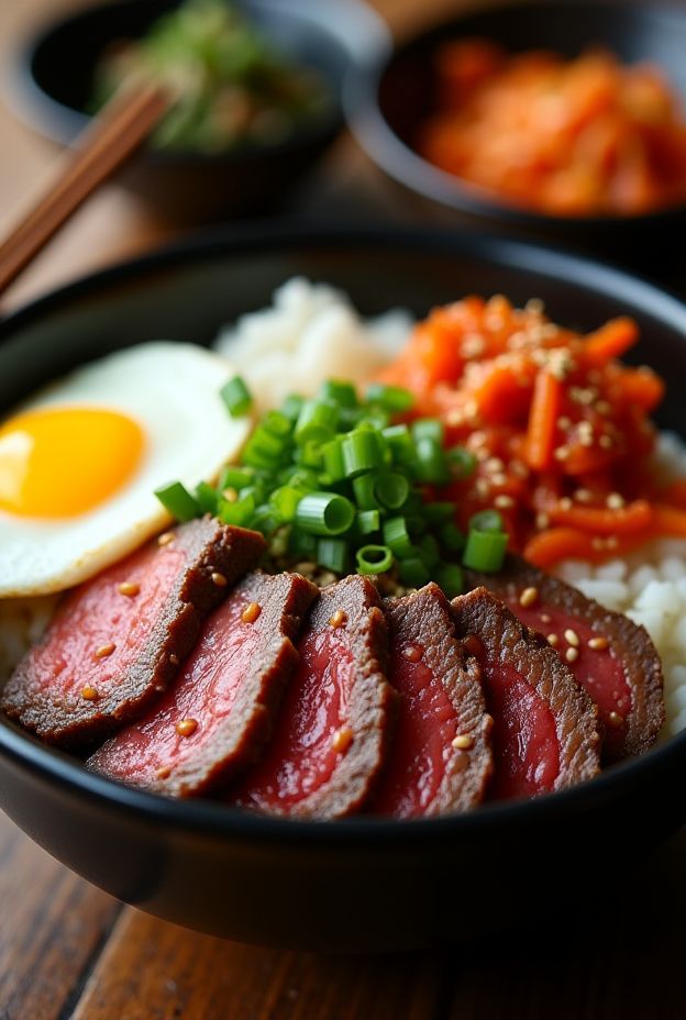 Korean Bulgogi Beef Protein Bowl with marinated beef, kimchi, fried egg, and sticky rice.