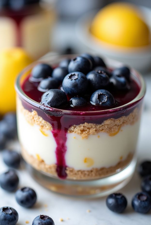 Lemon Blueberry Cheesecake Bowl featuring creamy yogurt base, blueberry compote, and crunchy graham cracker crust.