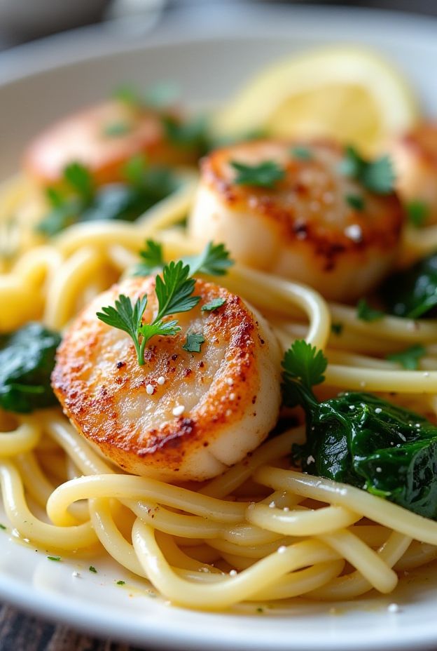 Lemon Butter Scallop Pasta Bowl featuring linguine, seared scallops, and spinach in a light lemon-butter sauce.