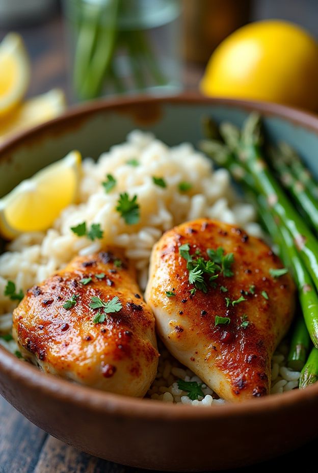 Lemon Garlic Chicken Protein Bowl with roasted chicken thighs, wild rice, and asparagus in a rustic bowl.