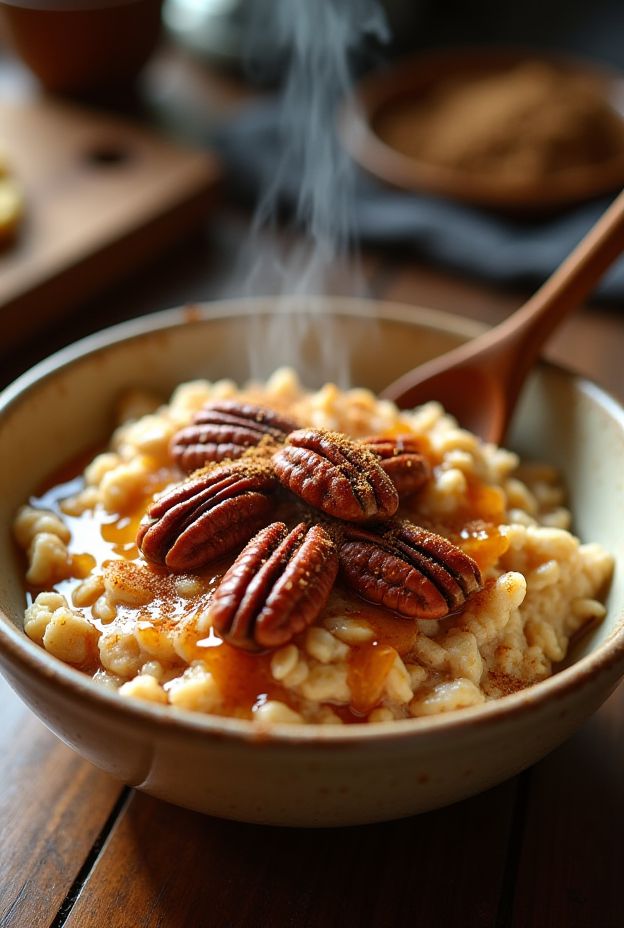 Maple Pecan Oatmeal Bowl topped with caramelized pecans, syrup, and cinnamon for a warm breakfast.