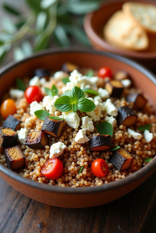 Nutty freekeh bowl featuring roasted eggplant, cherry tomatoes, feta cheese, and a drizzle of tahini.