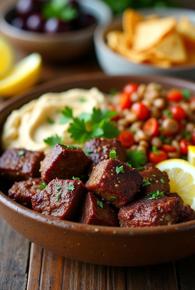 Mediterranean Lamb Protein Bowl with spiced kebabs, tabbouleh, hummus, and pita chips served in a bowl.