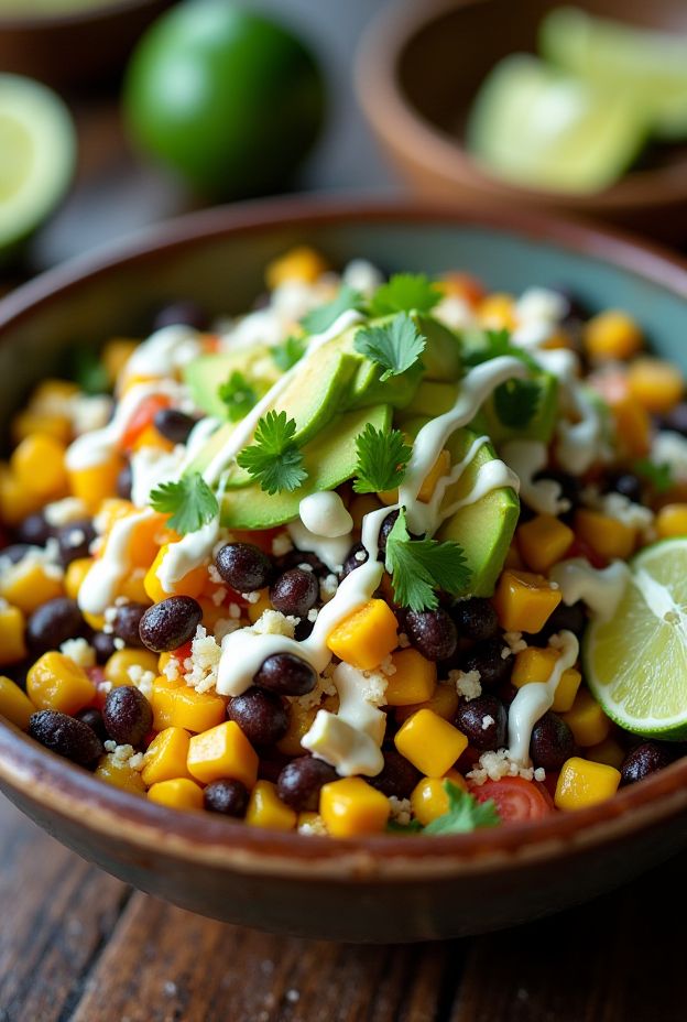 Mexican Street Corn Salad Bowl with charred corn, avocado, black beans, and lime dressing.