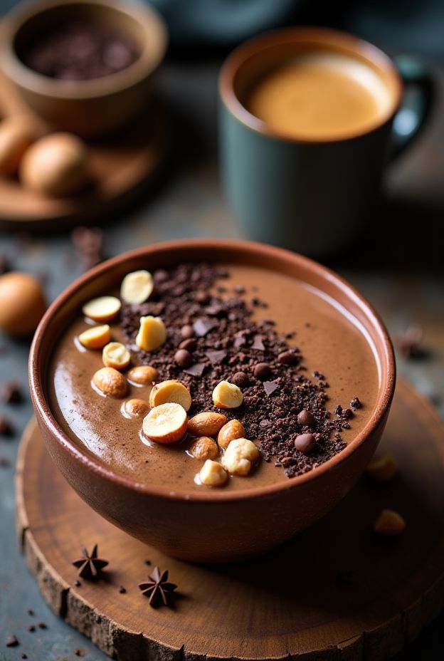 Mocha Hazelnut Smoothie Bowl with coffee and chocolate flavors topped with hazelnuts and cocoa nibs.