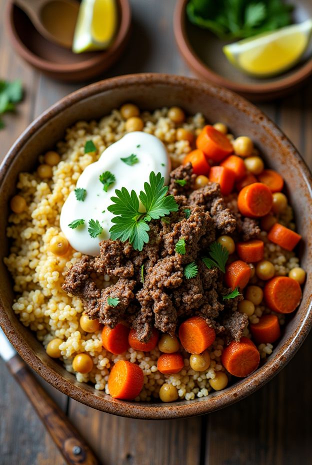 Moroccan Spiced Lamb Couscous Bowl with yogurt sauce, carrots, and chickpeas.