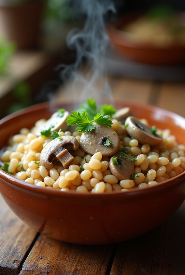Creamy Mushroom Barley Stroganoff Bowl with fresh parsley, perfect for a wholesome meal.