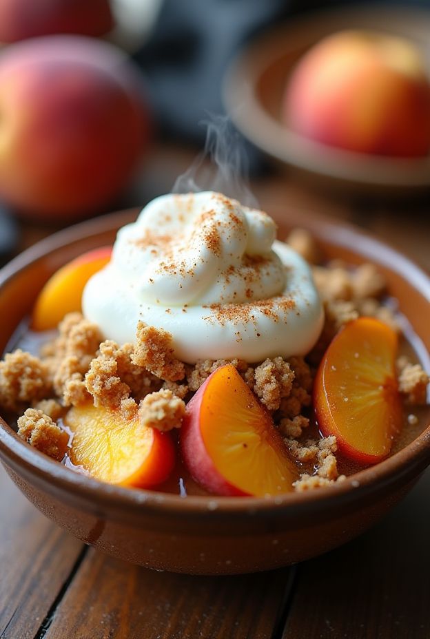 Warm Peach Cobbler Crumble Bowl with sweet baked peaches, oat crumble, and a dollop of vanilla yogurt.