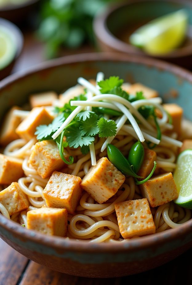 Creamy Peanut Coconut Noodle Bowl with tofu, snap peas, and cilantro garnished for a nutritious meal.