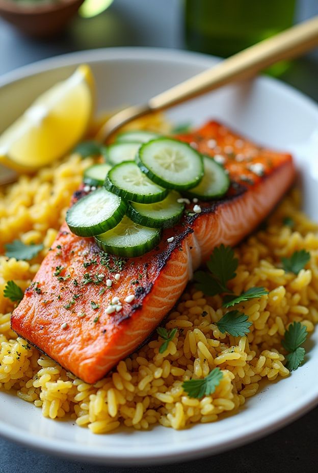 Persian Herbed Rice with Salmon, Cucumber, and Sumac Onions in a beautifully arranged bowl meal.