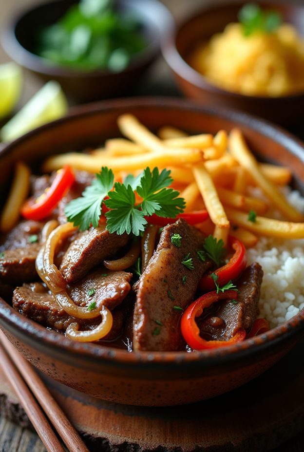 A vibrant bowl of Peruvian Lomo Saltado with beef, colorful vegetables, cilantro rice, and crispy fries.