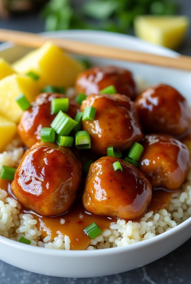 Delicious Pineapple Teriyaki Meatball Rice Bowl featuring chicken meatballs, jasmine rice, and vibrant pineapple.