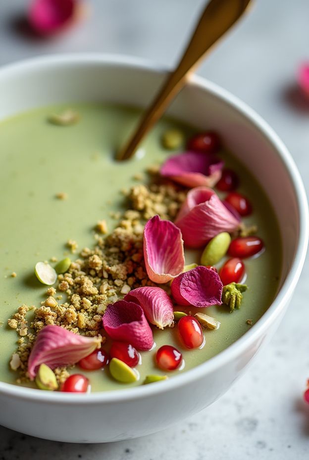 A vibrant Pistachio Rose Smoothie Bowl topped with pomegranate seeds, chia seeds, and rose petals for a nutritious delight.