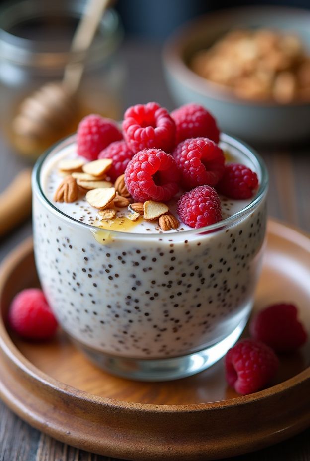 Raspberry Almond Chia Pudding Bowl featuring chia seeds, almond milk, fresh raspberries, and toasted almonds in a rustic setting.