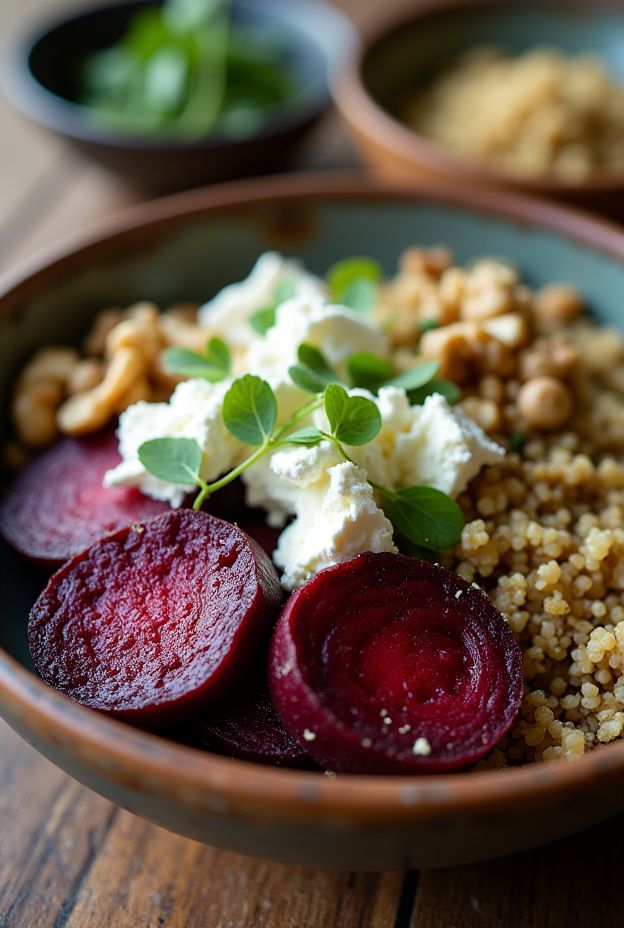 Roasted Beet & Goat Cheese Salad Bowl with quinoa, walnuts, and citrus vinaigrette for a healthy meal.