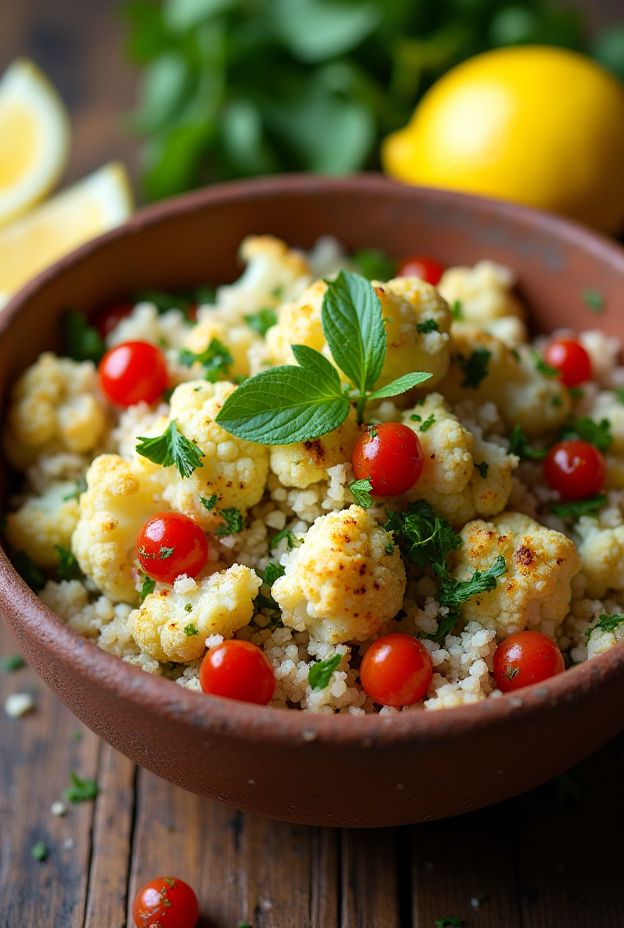 Roasted Cauliflower Tabbouleh Bowl with Bulgur Wheat, cherry tomatoes, mint, and parsley garnished with lemon zest.