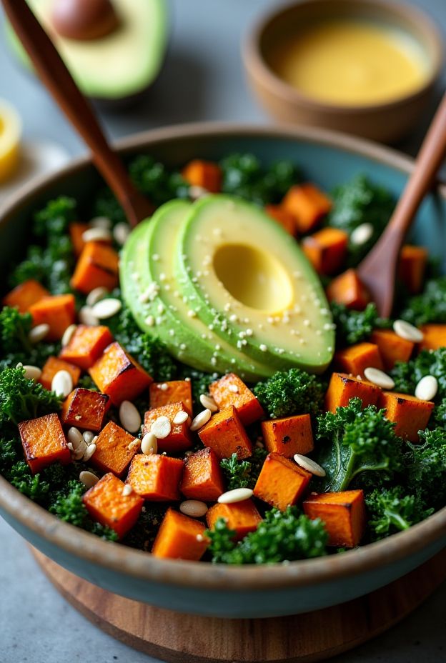 A vibrant roasted sweet potato kale salad bowl topped with avocado and pumpkin seeds, drizzled with tahini lemon dressing.